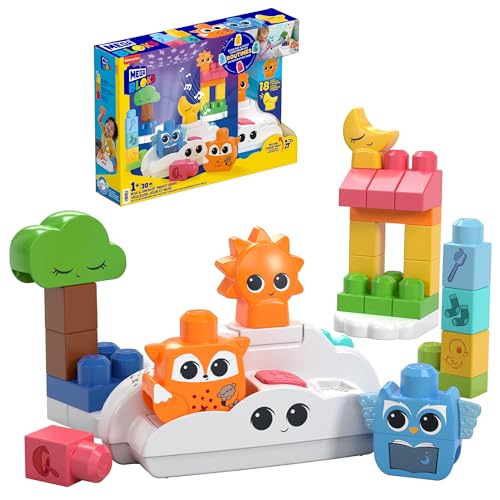 MEGA BLOKS Fisher-Price Bauspielzeug, Schlummerwald-Nachtlicht mit 30 Teilen, Liedern und Geräuschen, bunten Lichteffekten und Sternenlichtprojektor, für Kinder ab 1 Jahr, HTH43 von Fisher-Price