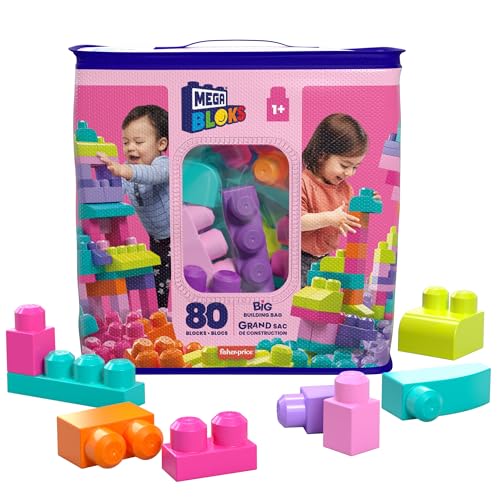 MEGA BLOKS Großer Bausteinebeutel - 80 robuste Bausteine mit wiederverwendbarem Aufbewahrungsbeutel, kompatibel Bloks Bauspielzeugen, für Kinder ab 1 Jahr, DCH62 von MEGA