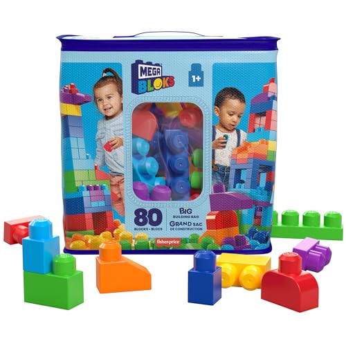 MEGA BLOKS Fisher-Price Bausteine für Kleinkinder, großer Bausteinebeutel mit 80 Teilen und Aufbewahrungsmöglichkeit, Blau, Geschenkideen für Kinder ab 1 Jahr, DCH63 von Mega Brands