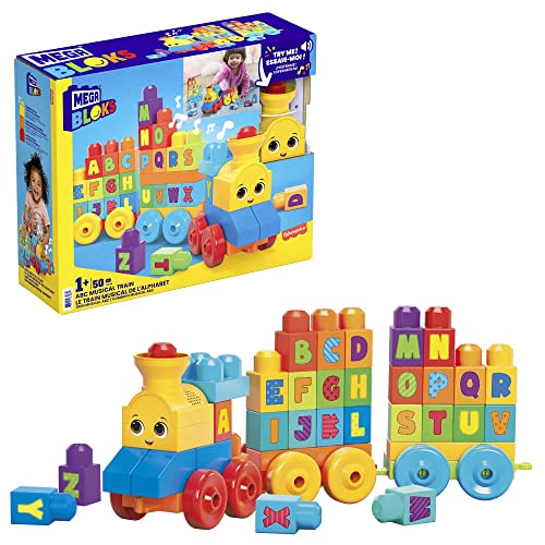 MEGA BLOKS ABC Musikzug - mit Musik und Geräuschen zum Lernen des Alphabets, 50-teiliges Spielset mit beweglichen Rädern und Bausteinen, Buchstaben A bis Z aufgedruckt, für Kinder ab 1 Jahr, FWK22 von MEGA