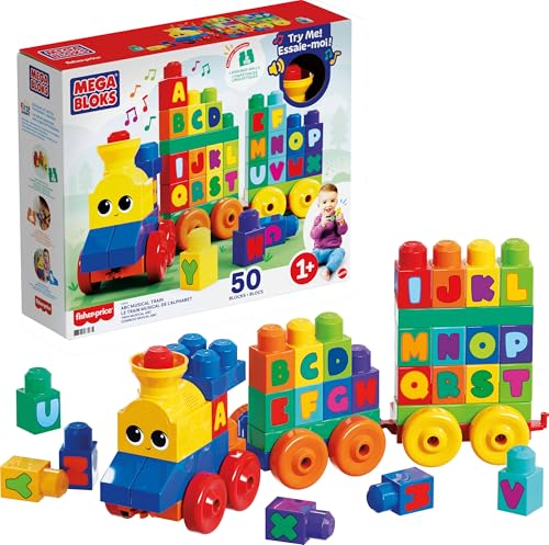 MEGA BLOKS ABC Musikzug - mit Musik und Geräuschen zum Lernen des Alphabets, 50-teiliges Spielset mit beweglichen Rädern und Bausteinen, Buchstaben A bis Z aufgedruckt, für Kinder ab 1 Jahr, FWK22 von MEGA