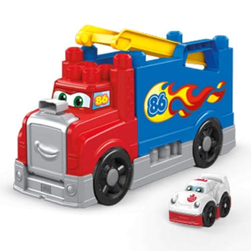 MEGA Bloks FVJ01 - Fast Tracks Rennwagen-Transporter, mit Geräuschen, 15 Teile, Mehrfarben, Spielzeug ab 1 Jahr von Mega Brands