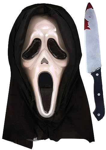 Mega_Jumble Erwachsene Uni Ghost Face Hooded Scream Halloween Black Hood Scream Mask & Bloody Knife Scary Gothic Fancy Dress Costume Accessory von Mega_Jumble