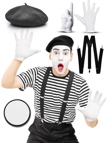 Mega_Jumble Frenchman Mime Artist Herren Französisches Joker-Kostüm-Set – Baskenmütze, T-Shirt, Hosenträger, Handschuhe und Gesichtsbemalung | Motto-Party, Junggesellenabschied, Rollenspiel, von Mega_Jumble