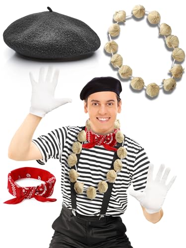 Mega_Jumble Herren French Day Motto Party Frenchman Mime Artist Fancy Dress Costume Set, T-Shirt, Baret, Schal, Girlande (L) von Mega_Jumble