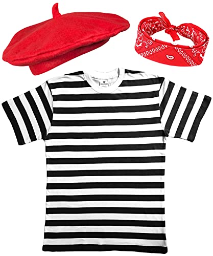 Mega_JumbleSale® Kinder-Kostüm-Set für französische Männer, gestreiftes T-Shirt, roter Baskenmütze, roter Halstuch, Franzosen-Bastille-Day-Kostüm-Outfit, Schwarz / Rot / Weiß, 146 von Mega_JumbleSale