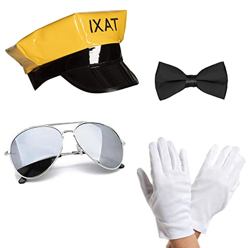 Mega_JumbleSale® Unisex Chauffeur-Hut/Kappe, Fliege, Sonnenbrille und weiße Handschuhe – Taxifahrer-Uniform für Buchwoche und Kostümpartys von Mega_JumbleSale