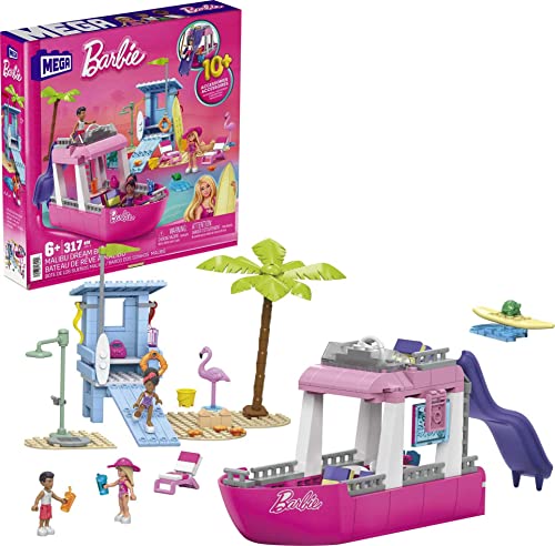 Barbie Malibu Traumboot - Bauset mit 317 Teilen, inkl. 3 Barbie-Puppen, 2 Haustiere, Mode- & Strandzubehör, kreatives Spielzeug für Kinder ab 6 Jahren, HPN79 von MEGA