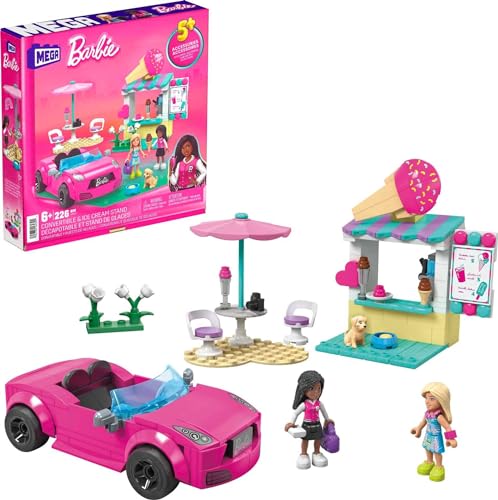 MEGA Barbie Autobauspielzeug Spielset, Cabrio & Eisständer mit 225 Teilen, 2 Mikropuppen und Zubehör, Pink, Geschenkideen für Kinder, HPN78 von MEGA