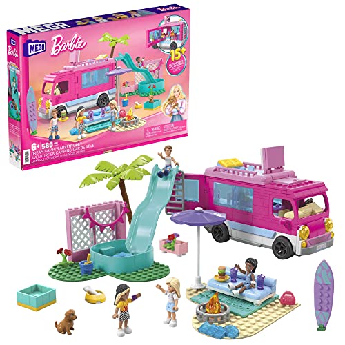 Barbie Traumwohnmobil - Bauspielzeug mit Bett auf dem Dach, komplett ausgestatteter Küche und Zubehör für Kleidung und Essen, 4 kleinen Barbie-Puppen und 1 Hündchen, für Kinder ab 6 Jahren, HPN80 von MEGA