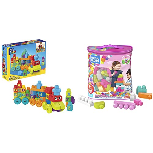 Mega DXH35 Bloks Mattel DXH35-ABC Lernzug & Bloks DCH54 - Bausteinebeutel Medium mit 60 Bausteine, pinkfarben von Mega