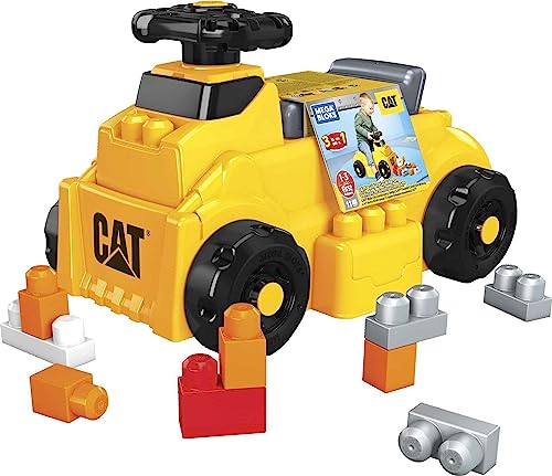 MEGA HDJ29 Bloks CAT Rutschfahrzeug, Bauspielzeug für Kleinkinder, 10 große Bauklötze, 1 Aufsitzfahrzeug mit freidrehendem Lenkrad & 4 Bauflächen, Konstruktionsspielzeug für Kinder ab 1 Jahr von Mega Brands