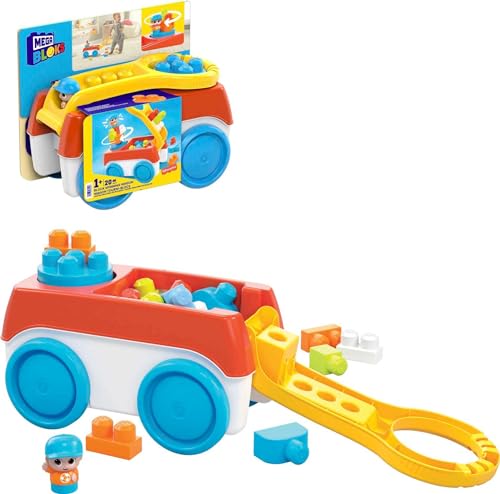 MEGA HHN00 BLOKS Bauset Drehwagen für Bausteine mit 1 Drehwagen, 19 Bausteinen und 1 Figur, Spielzeug-Geschenkset für Kinder ab 1 Jahr von MEGA