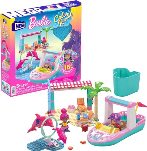 MEGA HHW83 - Barbie Color Reveal Delfinabenteuer Bauset mit mehr als 10 Überraschungen, 2 Mini-Puppen und 2 Delfinen, Konstruktionsspielzeug, Spielzeug-Geschenkset für Kinder ab 5 Jahren von MEGA