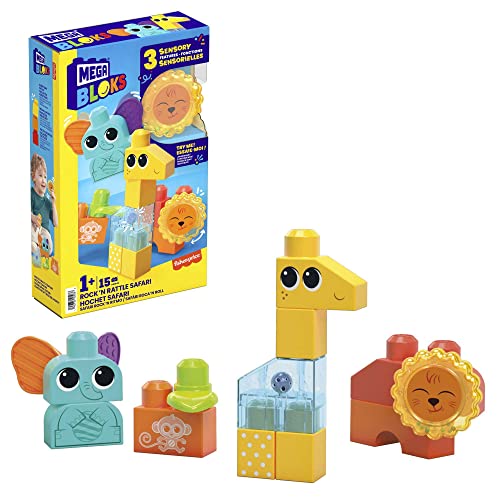 MEGA HKN42 Bloks Safari Spiel-Set, 15 sensorische Bausteine (Löwe, Giraffe und Elefant), Bauklotz Spielzeug, Konstruktionsspielzeug für Kinder ab 1 Jahr von MEGA