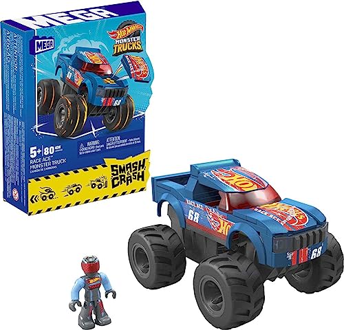 MEGA Hot Wheels Smash-und-Crash Race Ace Monster Truck - 85-teiliges Bauset, Smash-und-Crash-Funktion, rote und Blaue Lackierung, bewegliche Micro-Actionfigur, ab 5 Jahren, HMM49 von MEGA