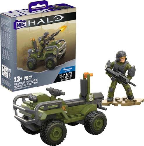 MEGA Halo Bauspielzeug Set, FLEETCOM Mongoose ATV Fahrzeug mit 79 Teilen, 2 beweglichen Mikro-Actionfiguren und Zubehör, HNC55 von Mega Brands