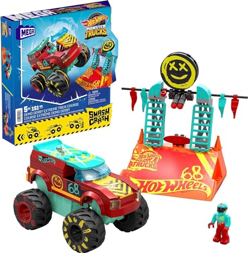 MEGA Hot Wheels Monster Trucks Bauspielzeug, Demo Derby Extreme Stunt-Set mit 151 Teilen und 1 Mikro-Actionfigur, rot, Geschenkideen für Kinder, HNG53 von Mega Brands