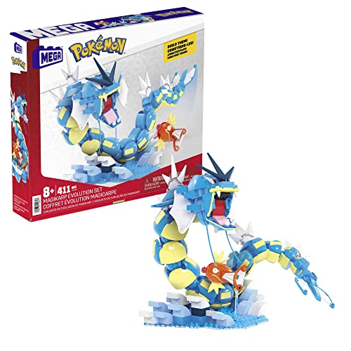 MEGA POKÉMON Karpador Evolutionsset - 411-teiliges Bauset mit Garados und Wasserlandschaft für dynamische Ausstellmöglichkeiten, 12 Verbindungspunkte, für Kinder ab 8 Jahren, HNT95 von Mega Brands