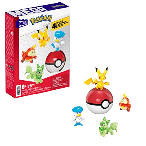 MEGA POKÉMON Paldea-Region - Pikachu und die ersten Partner-Pokémon Felori, Krokel und Kwaks, Zusammenbaubares und bewegliches Set mit 4 Figuren und 1 Pokéball zum Ausstellen, HPX92 von Mega Brands