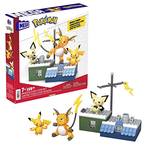 MEGA POKÉMON Pikachu - Evolutionsset mit Pichu, Pikachu und Raichu mit thematisch passender Umgebung und Battle-Effekt-Elementen, für Kinder ab 6 Jahren, HKT23 von Mega Brands