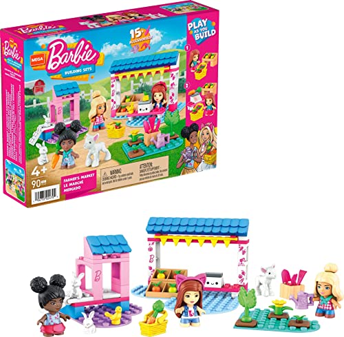 MEGA HDJ85 - Barbie Bauernmarkt Baukasten, 90 Bausteine, Teile mit Mode-& Rollenspielzubehör, 3 Mikropuppen, 2 Hasen, 1 Vogel & 1 Lamm, Konstruktionsspielzeug, Bauspielzeug für Kinder ab 5 Jahren von MEGA