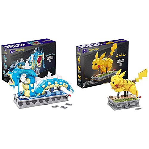 Mega HGC24 - Pokémon Garados Bauset mit 2186 Teilen, vollständig mechanisiertes und bewegliches Bauspielzeug mit Display-Ständer & Construx HGC23 - Pokémon Motion Pikachu, bewegliches Bauset von Mega