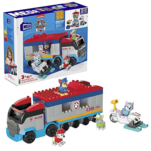 Mega HJN73 - Paw Patrol Bauset, Paw Patroller mit Figuren von Chase, Marshall, Rocky und Everest sowie 76 großen Bausteinen und Teilen, Spielzeug-Geschenkset für Kinder ab 3 Jahren von Mega