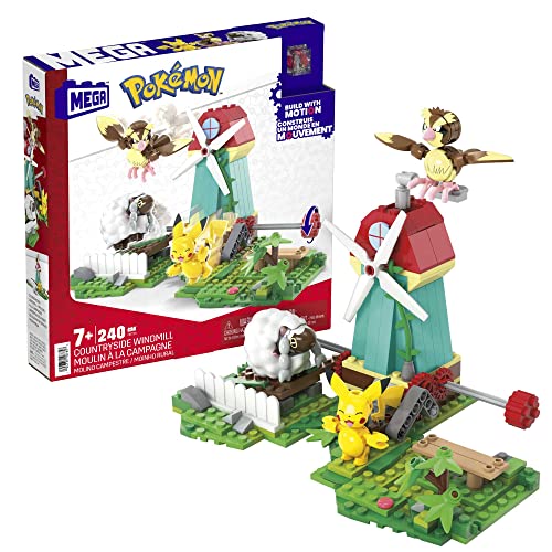 MEGA Pokémon Figuren Bauset Windmühlen Farm, 240 Teile, mit Pikachu-, Taubsi- und Wolly-Actionfiguren und Bewegungsstein, Pokémon Spielzeug, Spielzeug ab 7 Jahren, HKT21 von Mega Brands