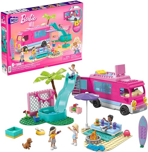 BARBIE Traumwohnmobil - Bauspielzeug mit Bett auf dem Dach, komplett ausgestatteter Küche und Zubehör für Kleidung und Essen, 4 kleinen Barbie-Puppen und 1 Hündchen, für Kinder ab 6 Jahren, HPN80 von Barbie