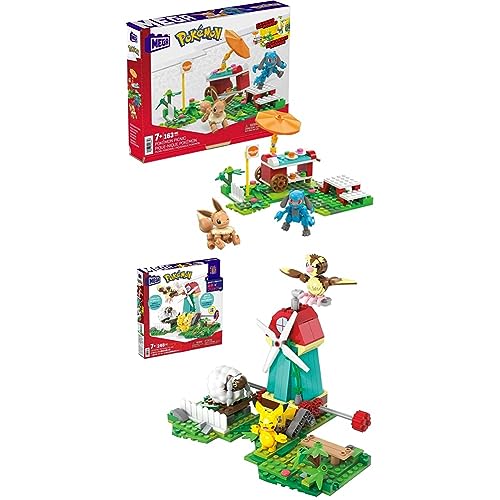 Mega Pokémon Figuren Bauset Windmühlen Farm, 240 Teile & Pokémon Figuren Bauset Picknick Abenteuer, 193 Teile von Mattel