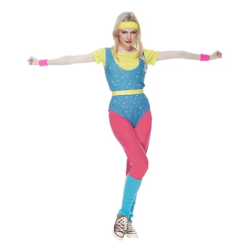 Megartico Damen 80er Jahre Workout Kostüm Erwachsene Bunte 80er Jahre Zubehör Set Halloween 80er Jahre Kostüme Retro Trikot Outfits von Megartico