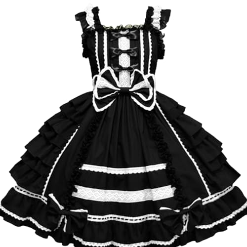 Meiaoxiu Ärmelloses Gothic-Lolita-Kleid für Damen, hohe Taille, knielang, mehrlagig, Gothic-Lolita-Kleid, Schwarz, X-Large von Meiaoxiu