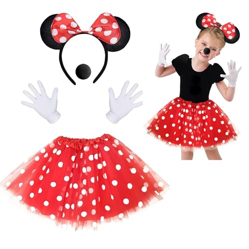 Meigoss Damen Maus Mouse Kostüm, Maus Ohren mit Roter Schleife, Rote Tutu mit Weiß Gepunktet + Haarreifen + Handschuhe + Nase, Kinder Tüll Kleid für Karneval Cosplay Fasching Halloween Party von Meigoss