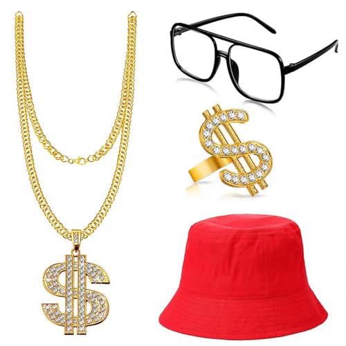 Meiliyizu 80er 90er Rapper Kostüm Set für Herren Damen 80er 90er Jahre Hip Hop Kostüm Zubehör Brille Halskette Eimer Hut Radio von Meiliyizu