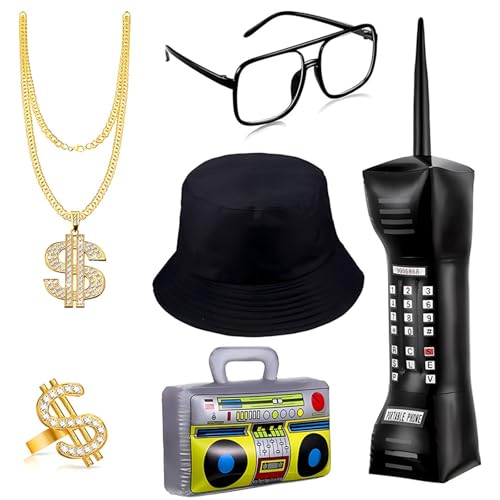 Meiliyizu 80er 90er Rapper Kostüm Set für Herren Damen 80er 90er Jahre Hip Hop Kostüm Zubehör Brille Halskette Eimer Hut Radio von Meiliyizu