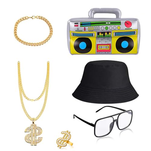 Meiliyizu 80er 90er Rapper Kostüm Set für Herren Damen 80er 90er Jahre Hip Hop Kostüm Zubehör Brille Halskette Eimer Hut Radio von Meiliyizu