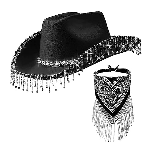 Meiliyizu Cowboyhut mit Strass-Quasten, Westernhut, breite Krempe, Halstuch, Set, Cosplay, Party, Hut, Fedora-Hut, Kostümzubehör, 2 Stück von Meiliyizu