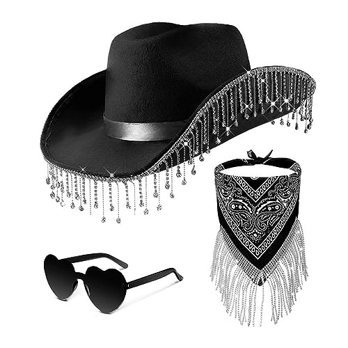 Meiliyizu Cowgirl-Kostüm-Set mit Strass-Fransen für Junggesellinnenabschied, Cowboyhut, Bandanas, Damen, Brautparty, Kostüme, Club-Anzug von Meiliyizu