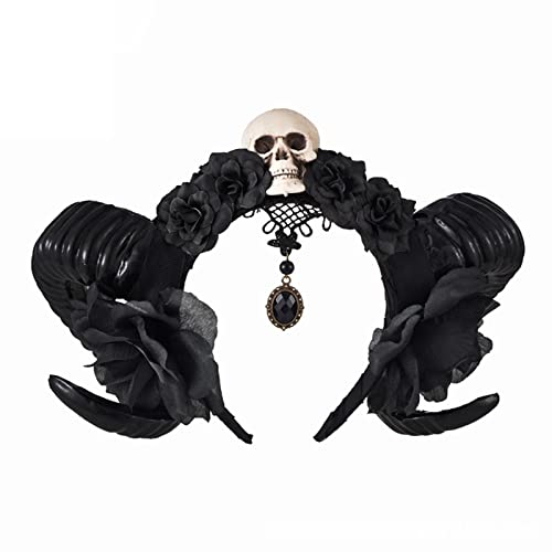 Meiliyizu Haarreif mit Schafhorn, Blume, Totenkopf, rutschfest, Foto-Requisiten, Halloween, Gothic-Kopfschmuck von Meiliyizu