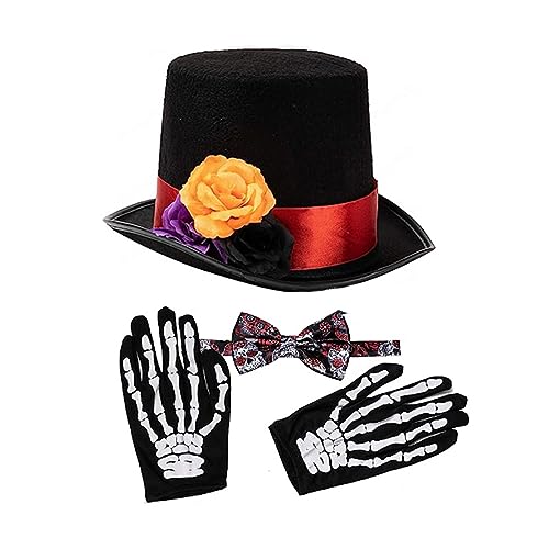 Meiliyizu Halloween-Kostüm-Set für Erwachsene, Party, Zylinder, Fliege, Skelett-Druck, Handschuhe, Cosplay, Kostüm, Festival, Party-Requisiten-Set von Meiliyizu