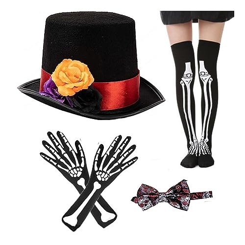 Meiliyizu Halloween-Kostüm-Set für Erwachsene, Party, Zylinder, Fliege, Skelett-Druck, Handschuhe, Cosplay, Kostüm, Festival, Party-Requisiten-Set von Meiliyizu