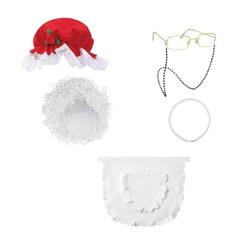 Meiliyizu Mrs. Clause Kostümzubehör beinhaltet Weihnachtsmannhaar, Weihnachtsmannmütze, Brille, Halskette, Schürze für Kinder, Frauen, Weihnachten, Cosplay von Meiliyizu