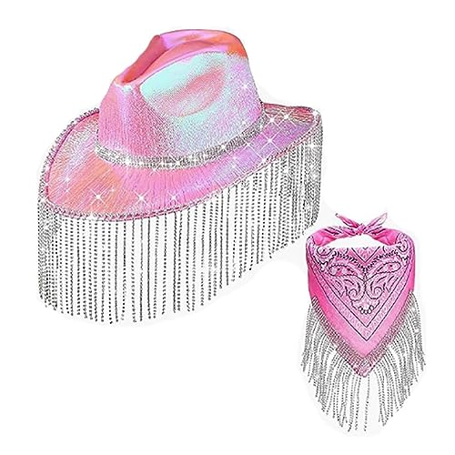 Meiliyizu Schimmernde Quasten, Cowboyhut mit Kopftuch, Cowgirl-Hut, Western-Cowboy-Hut und Bandana-Set von Meiliyizu