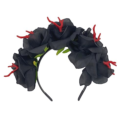 Meiliyizu Zartes Haarband mit Kunstblume und Totenkopf, dünnes seitliches Haarband, Kunstblumenform, Stirnband für Mädchen, Halloween-Haarband von Meiliyizu