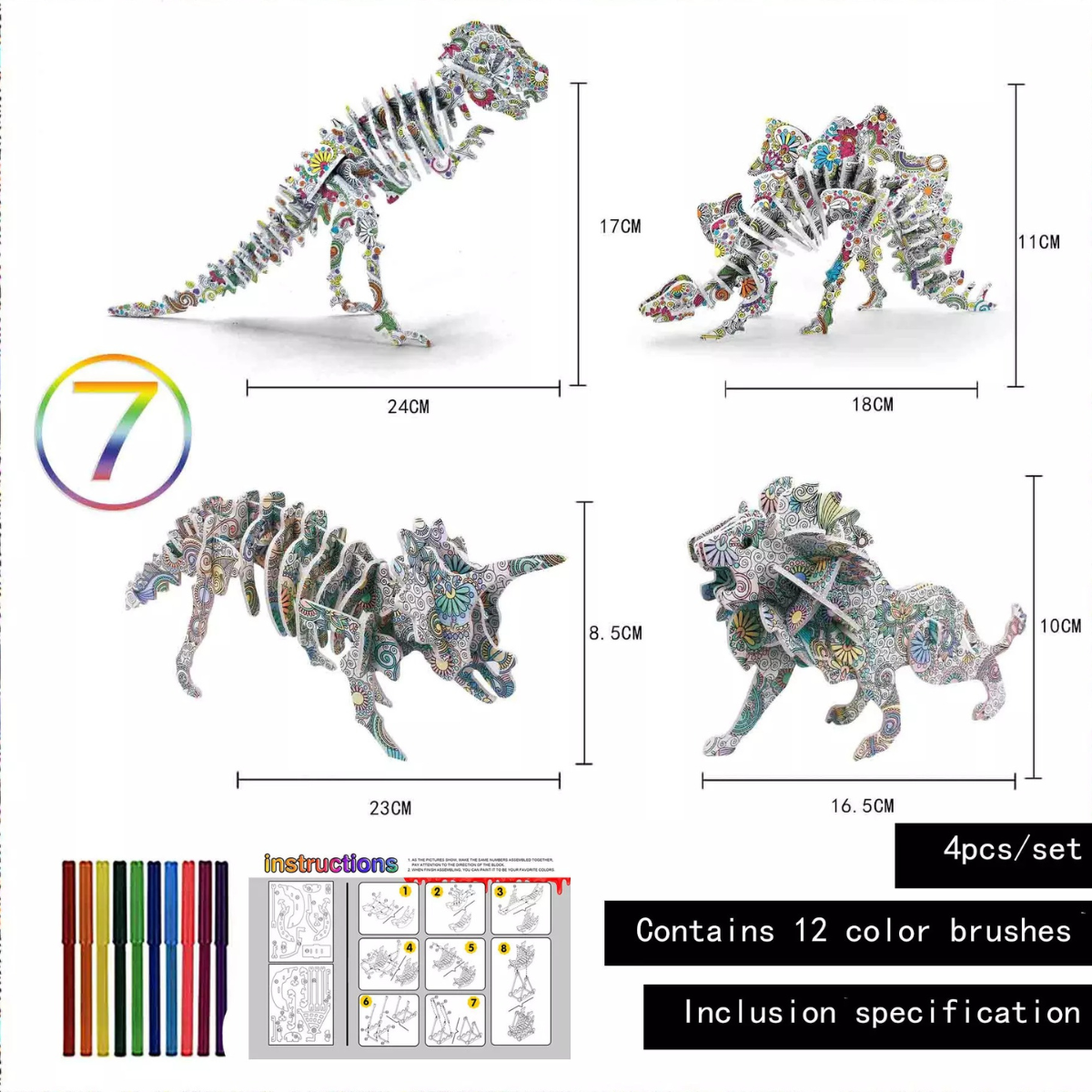 3D Colour Puzzle™ - Färben Sie Ihre eigene Skulptur - 3D-Puzzle (2+1 GRATIS) Dinosaurier | Pädagogisches Holzspielzeug von Mein Kleines Baby