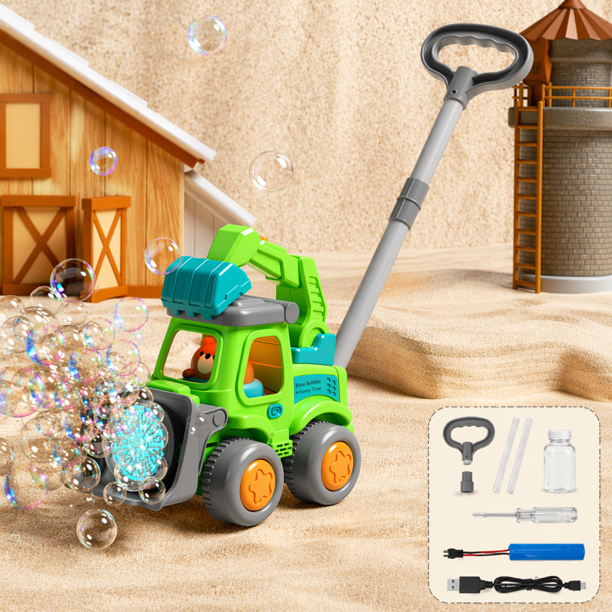 Bubble Blower – Verspielt & lustig – Seifenblasen-Schiebewagen Grüner Bagger | Pädagogisches Holzspielzeug Bubble Blower – Verspielt & lustig – Seifenblasen-Schiebewagen Grüner Bagger | Pädagogisches Holzspielzeug von Mein Kleines Baby