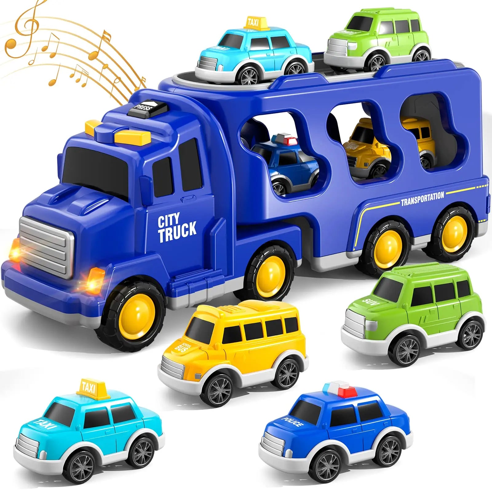 Magic Car City - Gütertransporter mit Lichtern und Musik Blau | Pädagogisches Holzspielzeug von Mein Kleines Baby