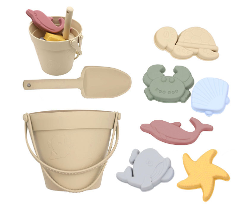 Silicone Beach Set™ - Strandeimer Sand Adventure - Silicone Beach Set Braun | Pädagogisches Holzspielzeug von Mein Kleines Baby