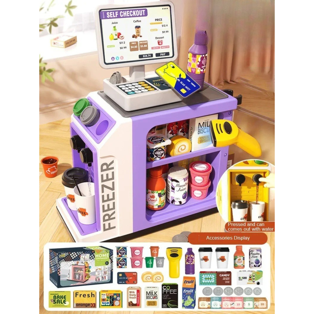 Supermarket Set™ - Einkaufsspaß für Zuhause - Spielzeugkasse Lila | Pädagogisches Holzspielzeug von Mein Kleines Baby